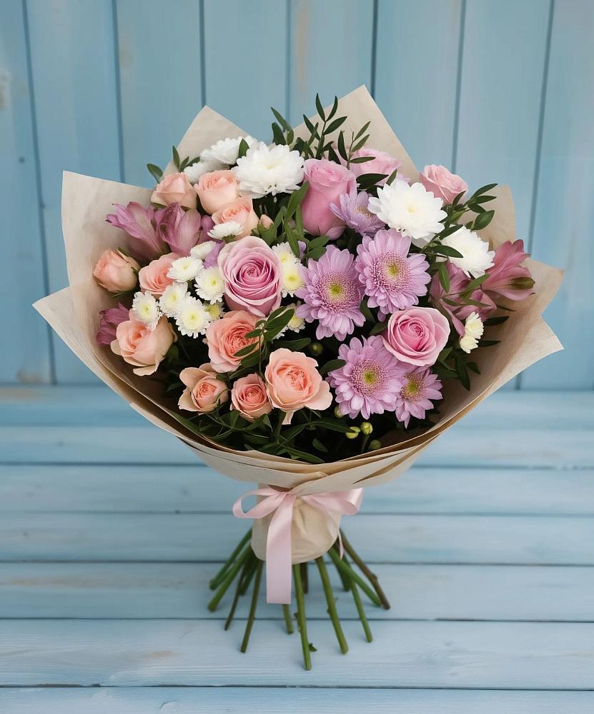 Букет цветов из: Хризантемы, Розы и Альстромерии в Новоизобильном