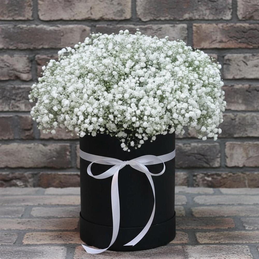 Цветочная композиция из Гипсофила в шляпной коробке в Новоизобильном