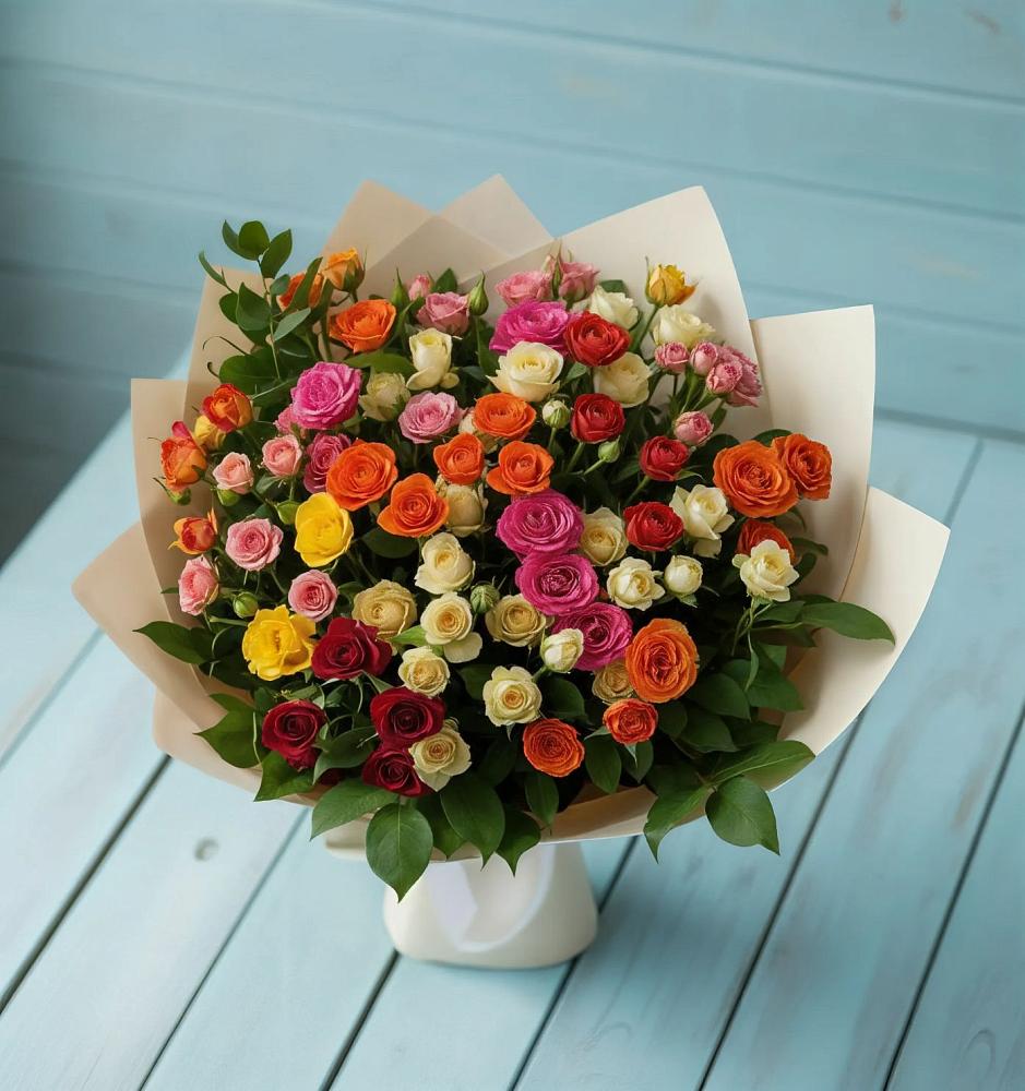 Букет Микс из разноцветных кустовых роз в Новоизобильном