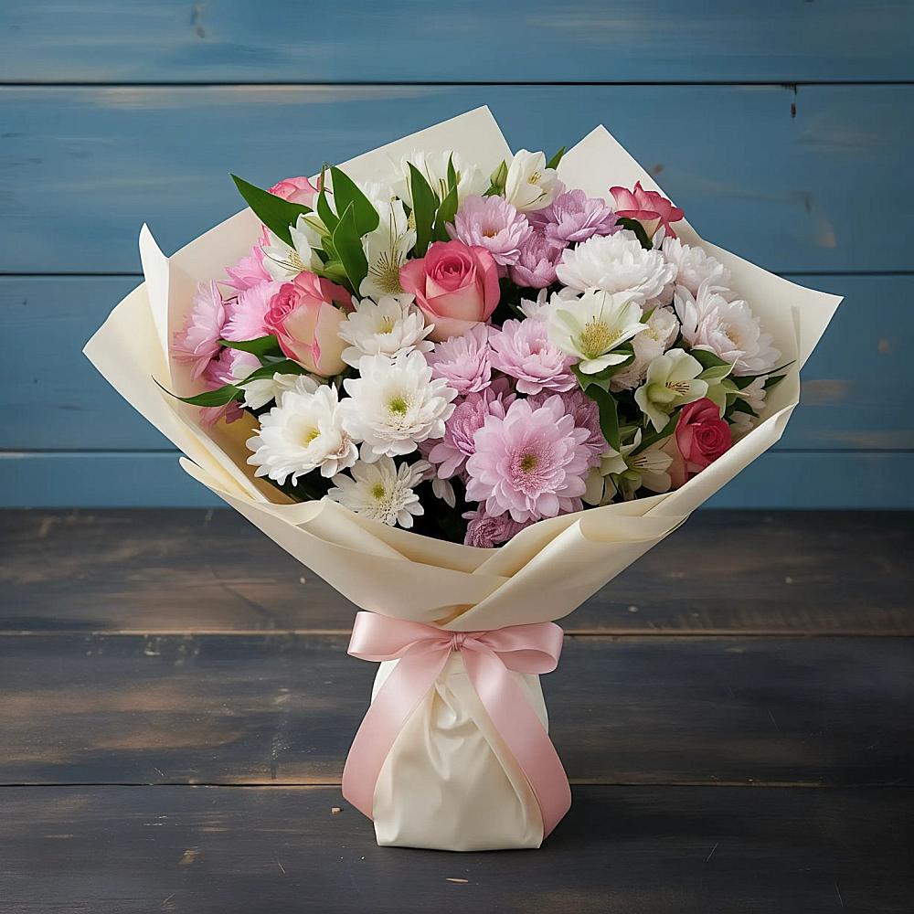 Букет цветов из: Хризантемы, Альстромерии и Розы в Новоизобильном